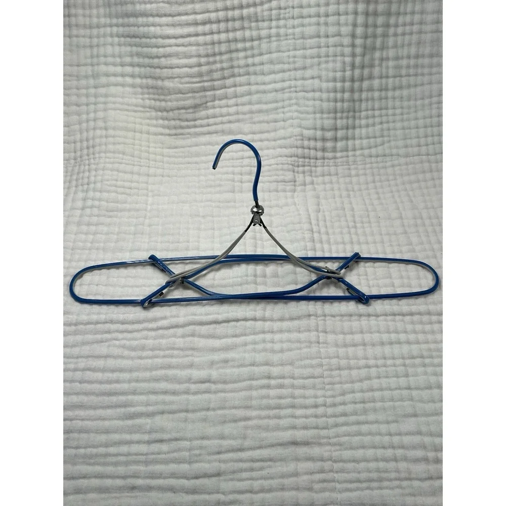 Vintage Folding Wire Travel Clothes Hanger Blue Vinyl Coated Collapsible Luggage